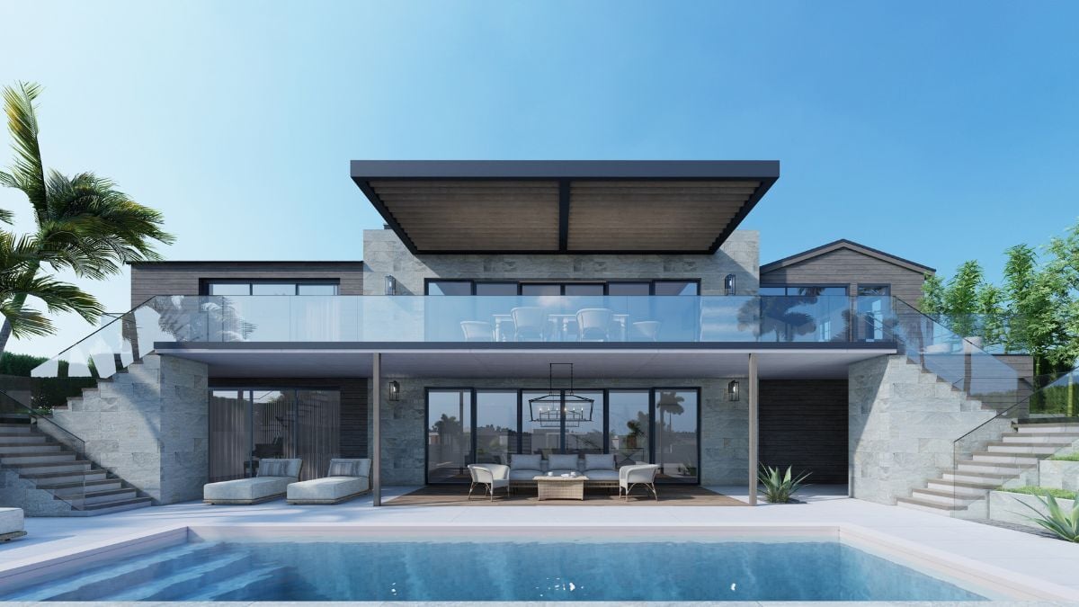 Contemporary California home at dusk