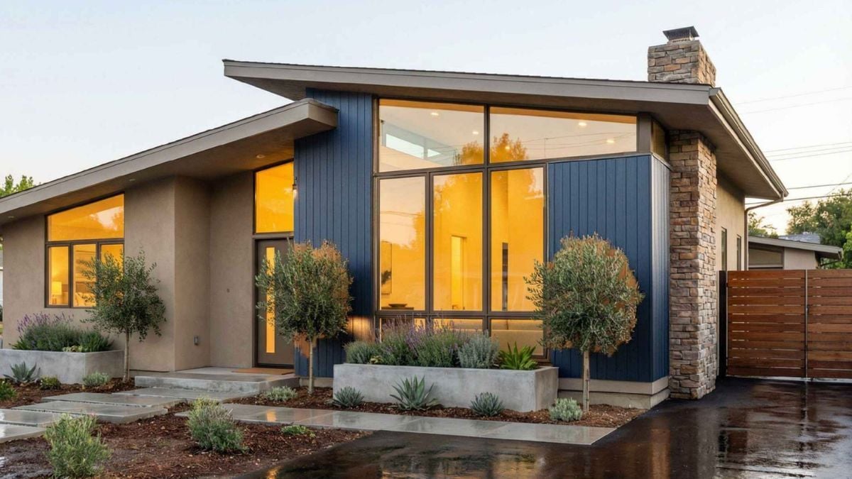 Modern single-story home with blue vertical siding and floor-to-ceiling windows